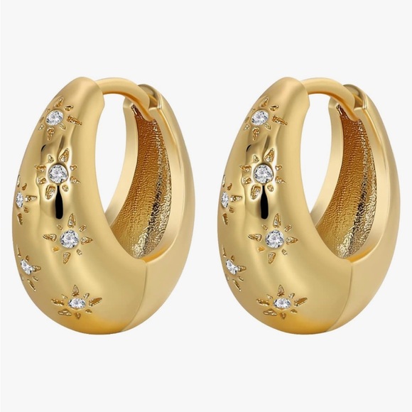 14K Gold Hoop Star Burst Earrings - Picture 3 of 6